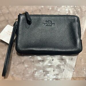 Coach Pebbled Black Leather double zipped Wristlet